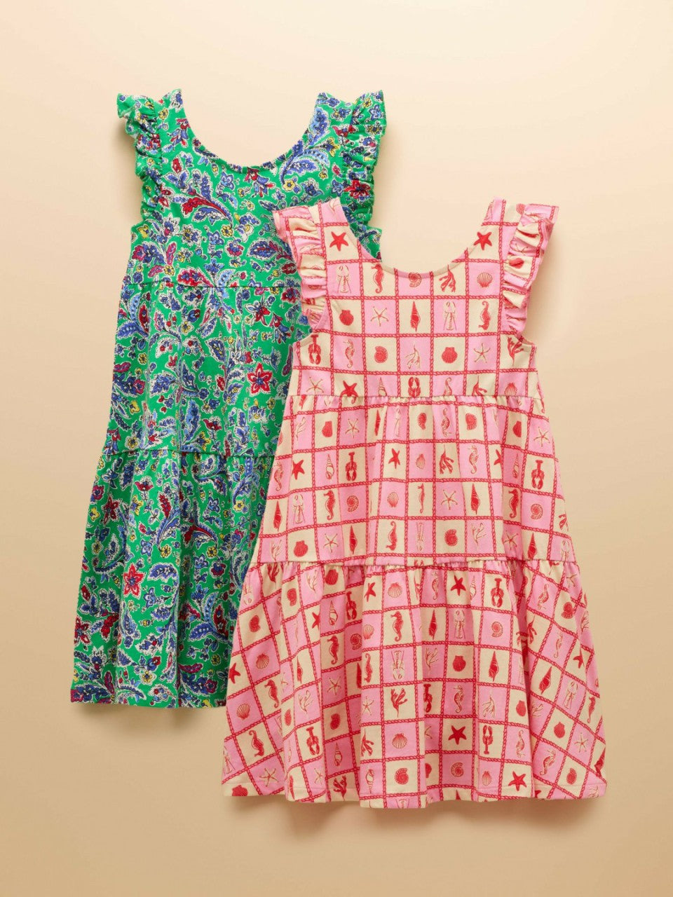 Butterfly Green & Pink Frill Sleeve Print Dress Two Pack