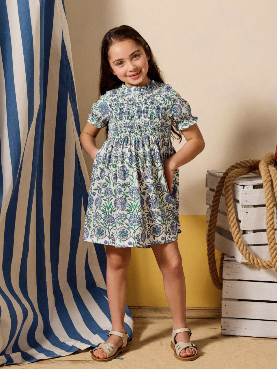Gracie Blue Short Sleeve Shirred Dress