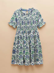Gracie Blue Short Sleeve Shirred Dress