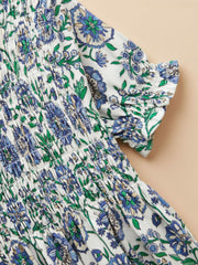 Gracie Blue Short Sleeve Shirred Dress