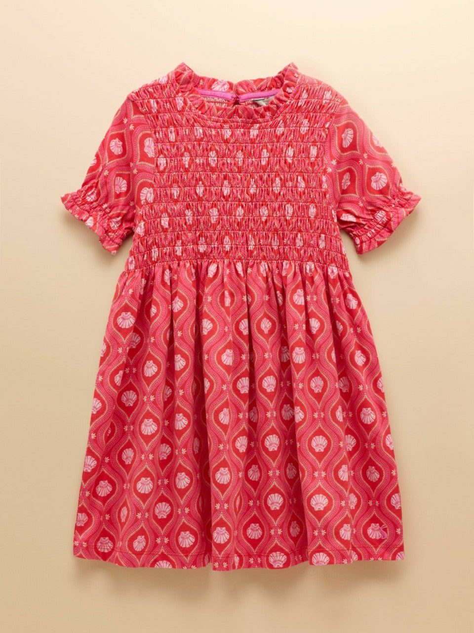 Gracie Pink Shell Print Short Sleeve Shirred Dress