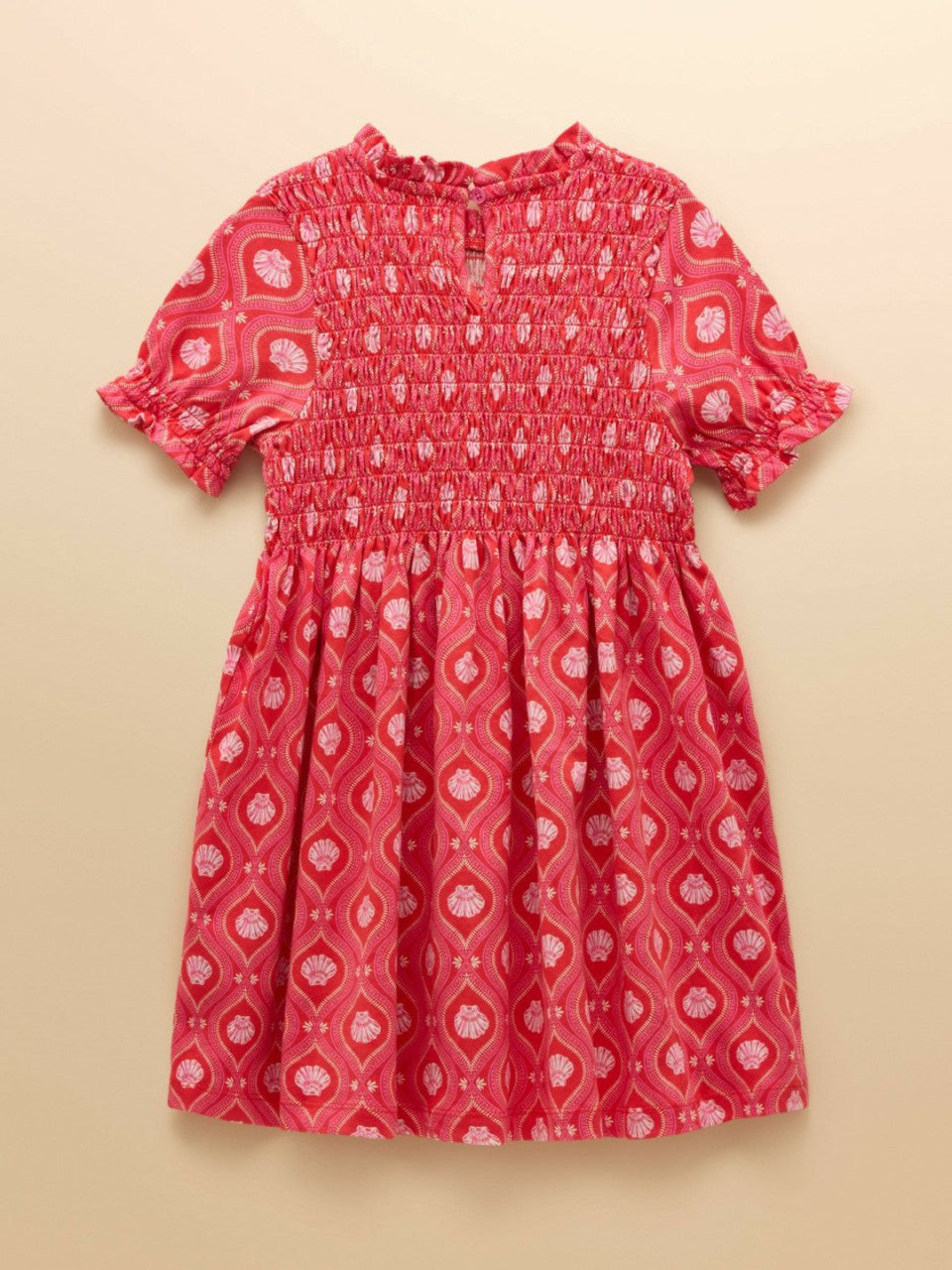 Gracie Pink Shell Print Short Sleeve Shirred Dress