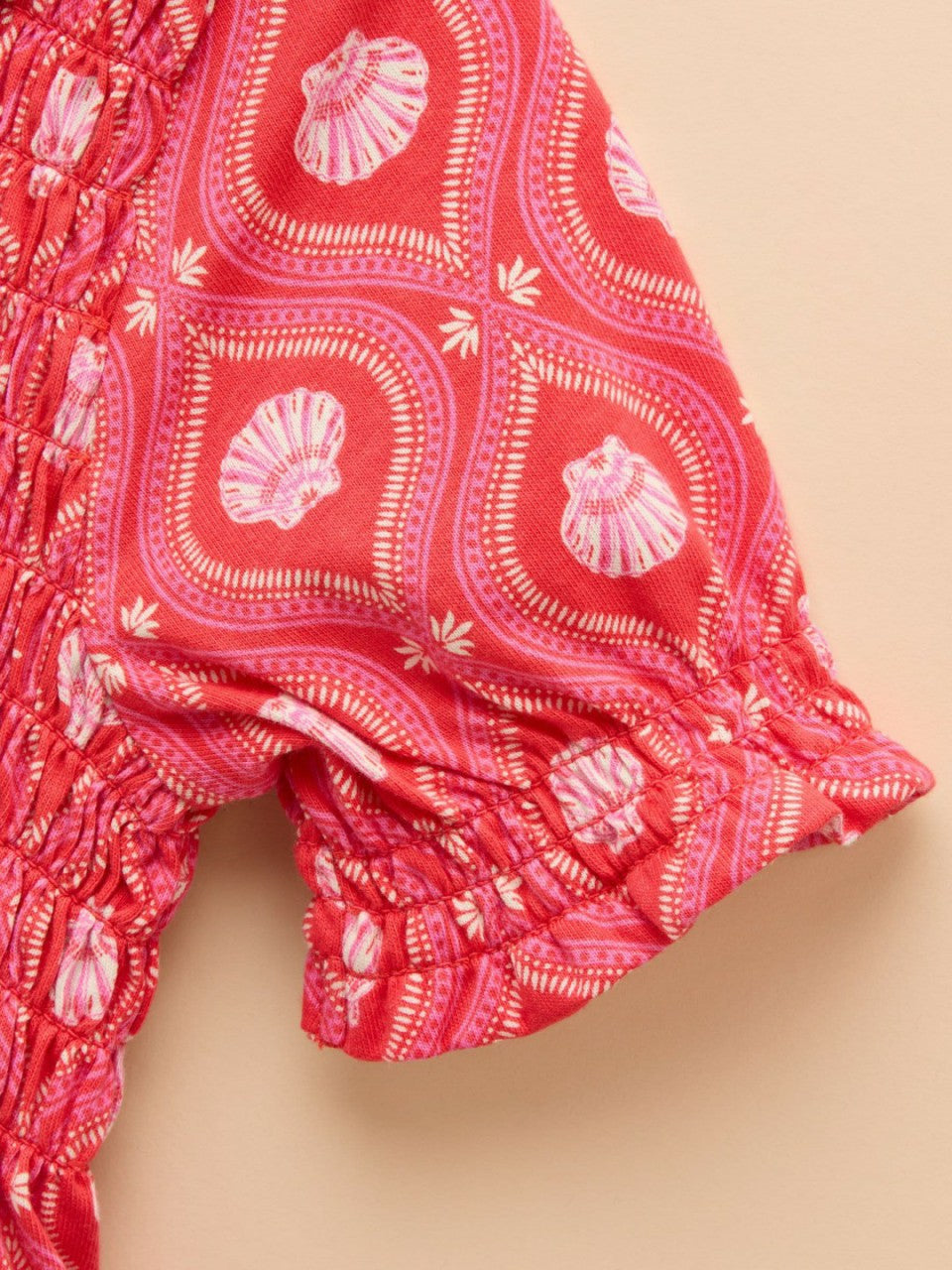 Gracie Pink Shell Print Short Sleeve Shirred Dress