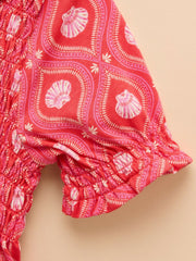 Gracie Pink Shell Print Short Sleeve Shirred Dress