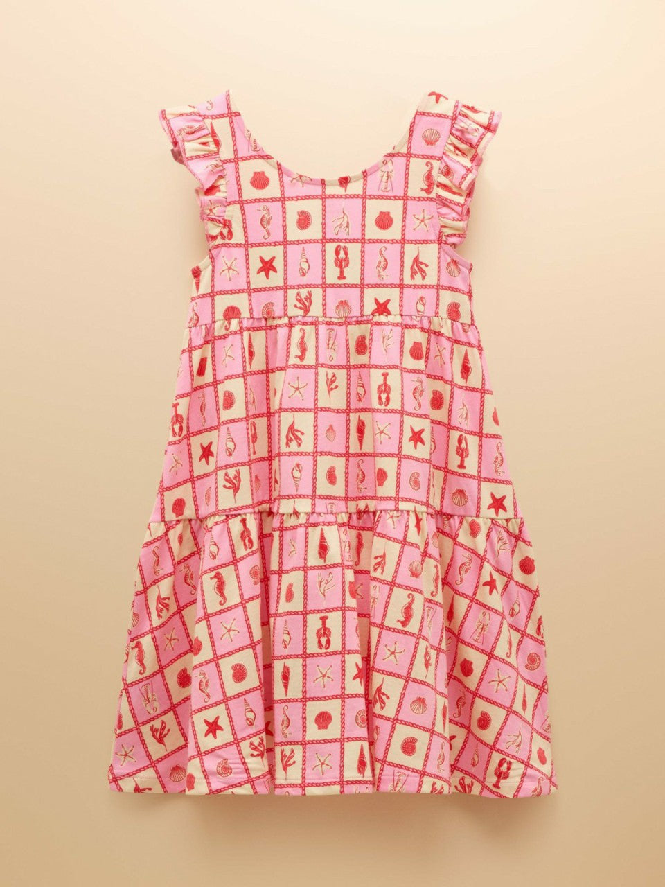 Butterly Pink/Cream Print Frill Sleeve Dress