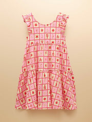 Butterly Pink/Cream Print Frill Sleeve Dress