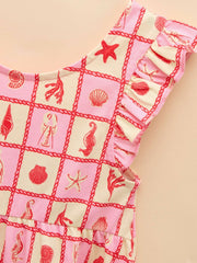 Butterly Pink/Cream Print Frill Sleeve Dress